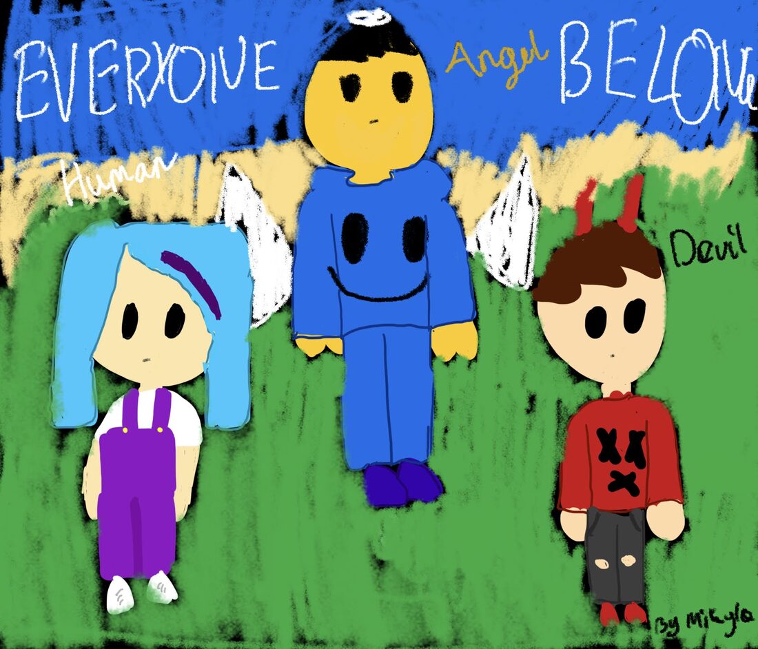 A child's colourful digital drawing of three characters.