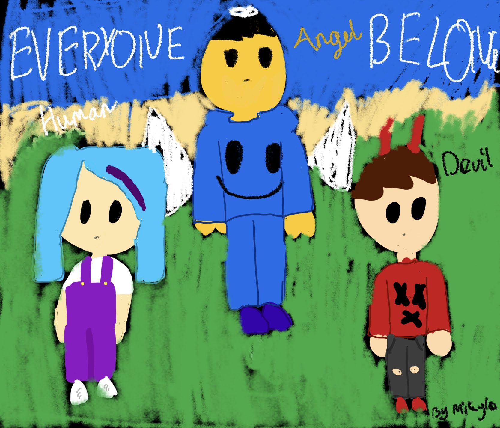 A child's colourful digital drawing of three characters, signed 'By Mikyla'.